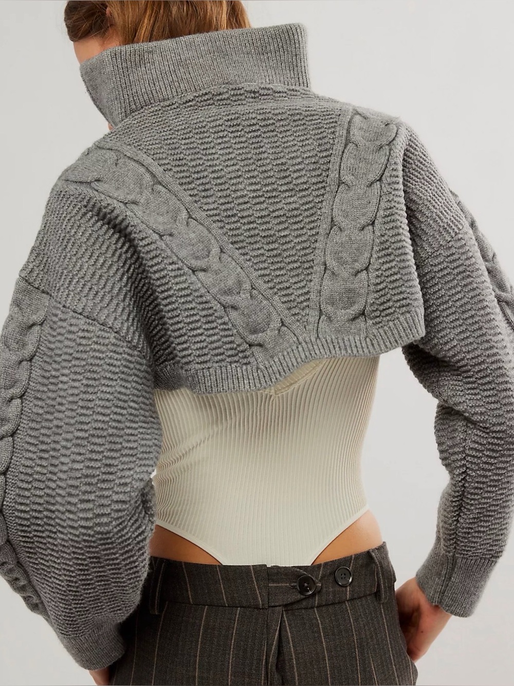 Free People Quarter Zip Cable Bolero gray cable knit cropped sweater S - Picture 2 of 4
